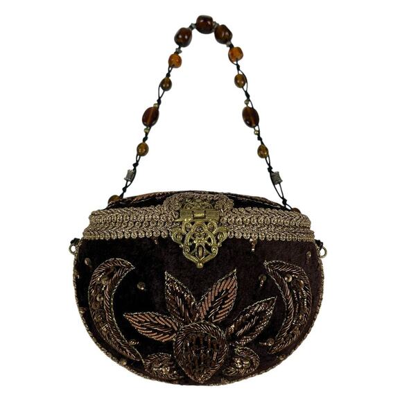 Vintage 70s Indian Handmade Brown Velvet Structured Beaded Mini Bag - Picture 3 of 6